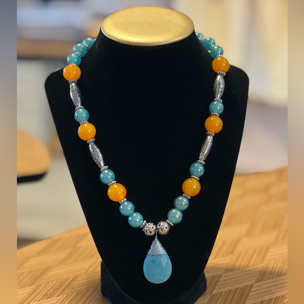 Bohemian Orange and Blue Beaded Necklace with Teardrop Pendant (Handmade)
